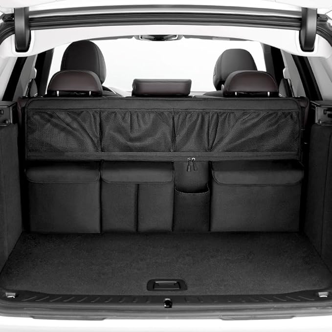 Hanging Car Trunk Organizer, Collapsible Backseat Storage Bag with 8 Large Pockets for Medium or Large Size SUV, Truck, MPV, Car Interior Accessories (Black)