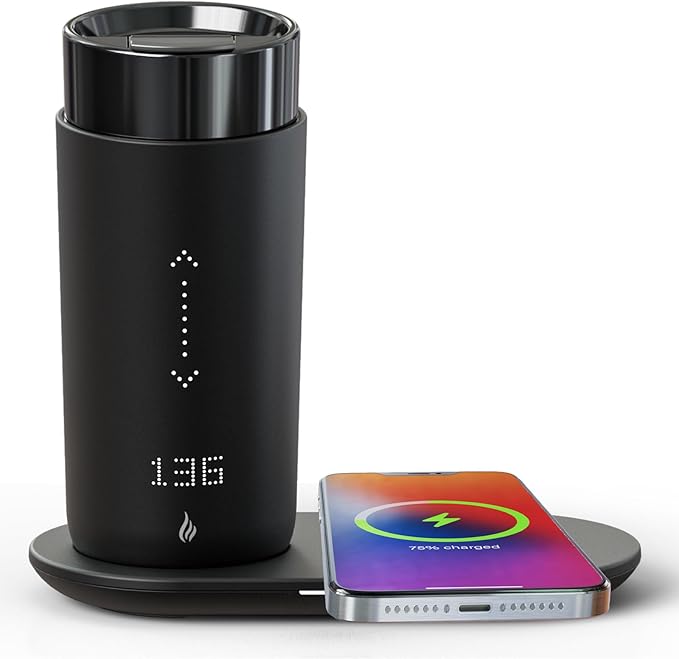 Temperature Control Heated Coffee Mug Smart Self Heating Travel Mug 12 Oz App Controlled Warmer Mug 4-10 Hour LED Display Keep Coffee Hot Fast Wireless Charger Base Iron Black
