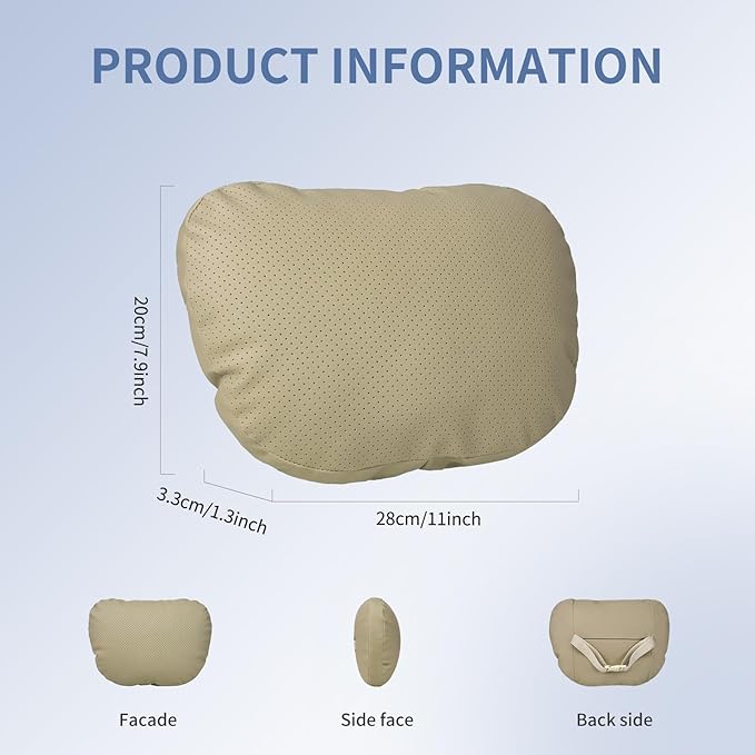 Car Neck Pillow, 2 Pack PU Leather Car Headrest Pillows with Adjustable Strips, Car Neck Support Ergonomic Du-Pont Bio Cotton Pillow, Head Rest Travel Pillow for Car (Beige, Soft Style)