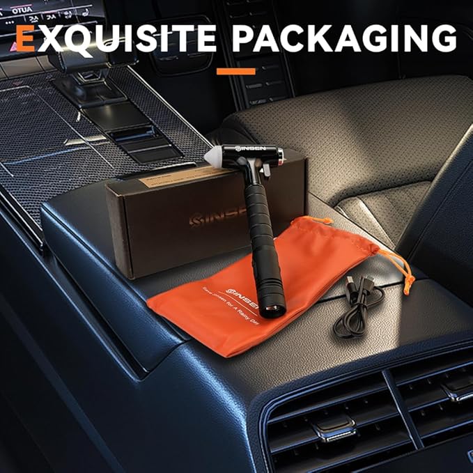 SINSEN Automotive Escape Tool, Window Breaker Seatbelt Cutter, Car Flashlight Safety Hammer, Emergency Kit Self Defense Accessories, Multifunction 4-in-1 Auto Tactical Gear, Rechargeable Powered Led