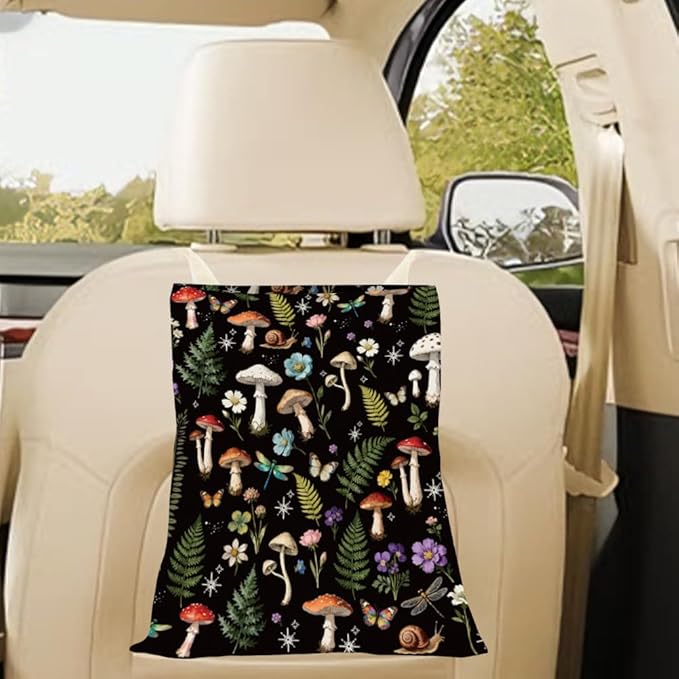 Mushroom Car Trash Can Floral Car Trash Bag Hanging Plants Snails Pattern Polyester Washable Waterproof Organizer Storage Can for Vehicle Interior Travel Accessories Reusable Leak Proof
