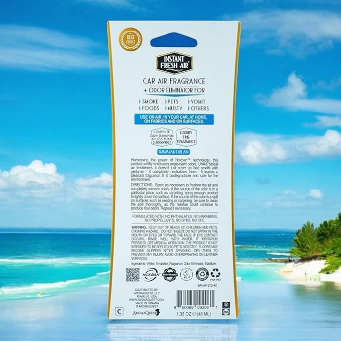 2-Pack: Dual-Action CAR AIR Freshener Hawaiian Dream -Instantly Eliminates Odors from Smoke, Food, Pets, Must in 2 Seconds, For Commuters, Pet Owners, Rideshare Drivers 1.35 Oz. - INSTANT FRESH AIR