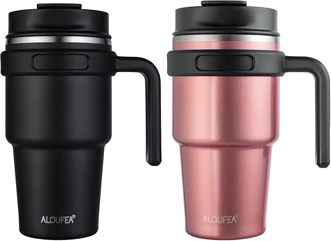 ALOUFEA 20 oz Insulated Coffee Mug Tumbler with Handle, Stainless Steel Travel Mug Tumbler with Lid and Straw,Double Wall Vacuum Leak Proof Ice Coffee Thermal Cup, Black/Rose Gold