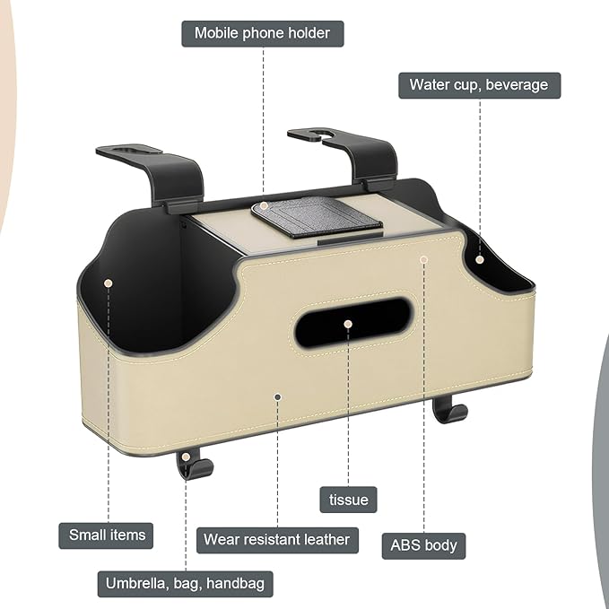 1 PC Car Seat Back Organizer, Car Back Seat Multi-Function Storage Box with 2 Drink Cup Holders, 11.42" x 3.35" Leather Tissue Organizer, Universal for Most Cars, Trucks, SUVs (Beige)