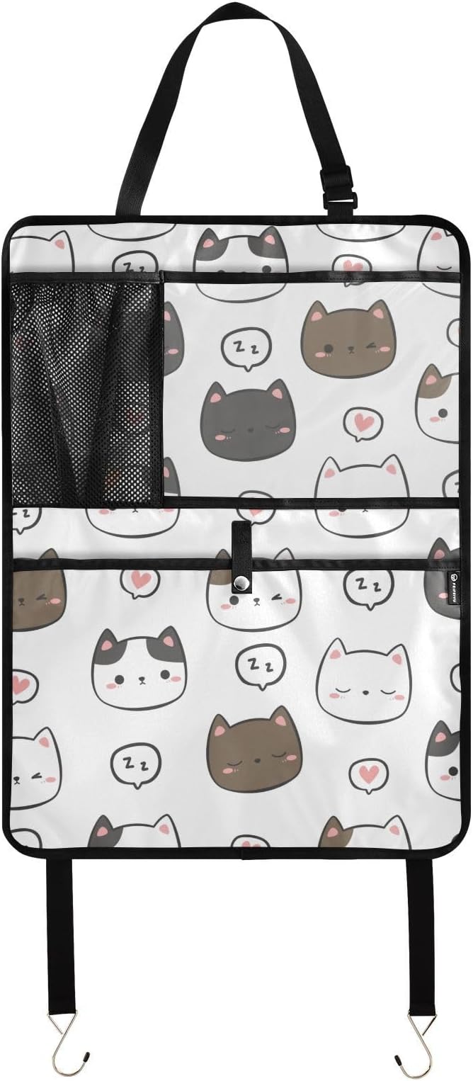 1 Pack Back Seat Organizer with Storage Pockets, Kick Mats, Car Organizer, Automotive Seat Back Cover, Cute Cats