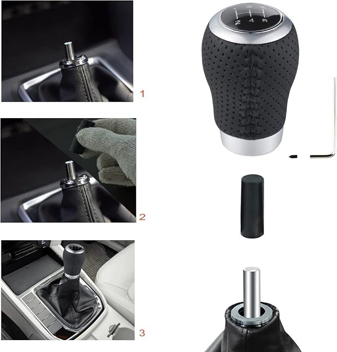 Lunsom 5 Speed Gear Shift Knob, Manual Shifter Head Leather Car Gear Lever Stick Shift Handle Transmission Gear Shift Lever Knob (Black Suture)