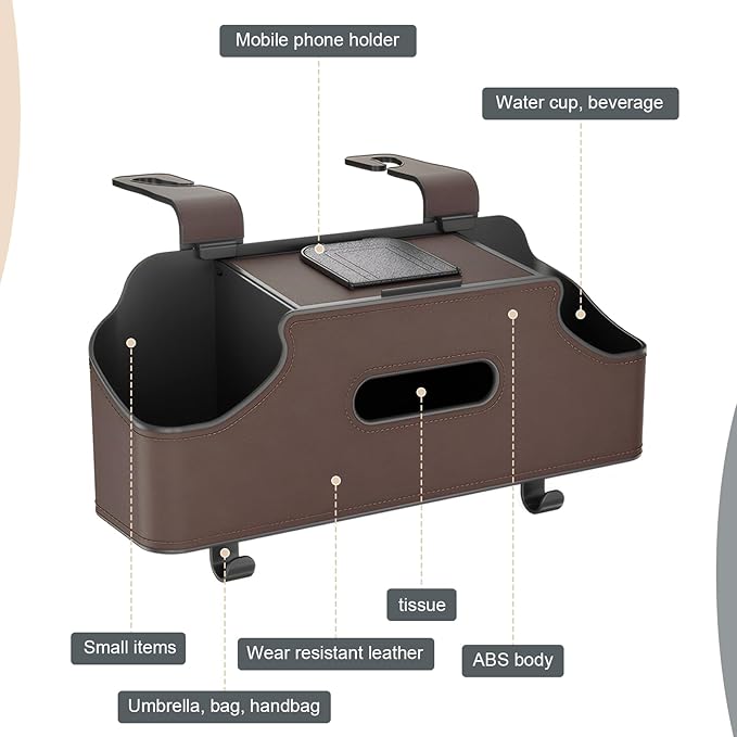 1 PC Car Seat Back Organizer, Car Back Seat Multi-Function Storage Box with 2 Drink Cup Holders, 11.42" x 3.35" Leather Tissue Organizer, Universal for Most Cars, Trucks, SUVs (Brown)