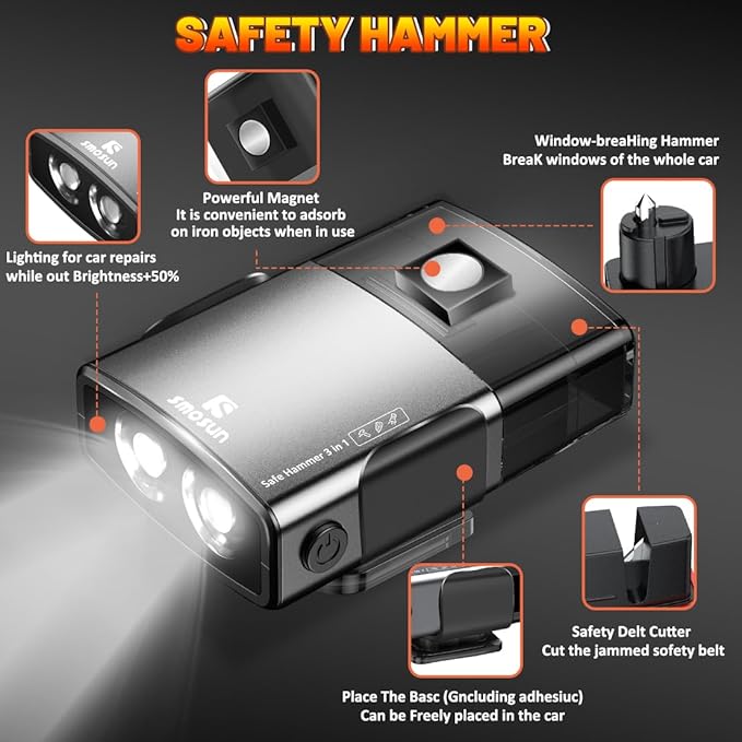 Safehammer - Upgraded Safe Hammer Glass Breaker Under Water, Car Hammer Seatbelt Cutter Window Breaker Emergency Escape Tool, with Flashlight, Safehammer Glass Breaker for New Cars (Grey)