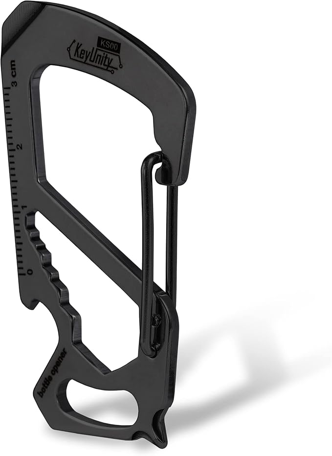 KeyUnity KS00BK Carabiner Clip Multitool Stainless Steel 7 Tools in 1, Quick Release Clasp, Wrench, Cross Screwdriver, Slotted Screwdriver, Bottle Opener, Ruler, Key Holder (PVD Black)
