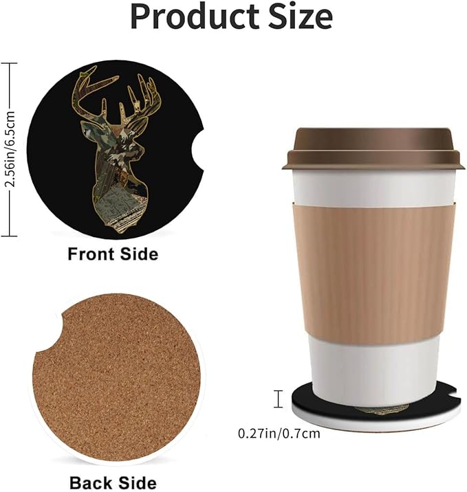 Car Coasters for Cup Holders, 2 Pack Absorbent Ceramic Anti Slip Universal Car Interior Accessories 2.56 Inch Cup Coaster for Women Men - Camo Deer