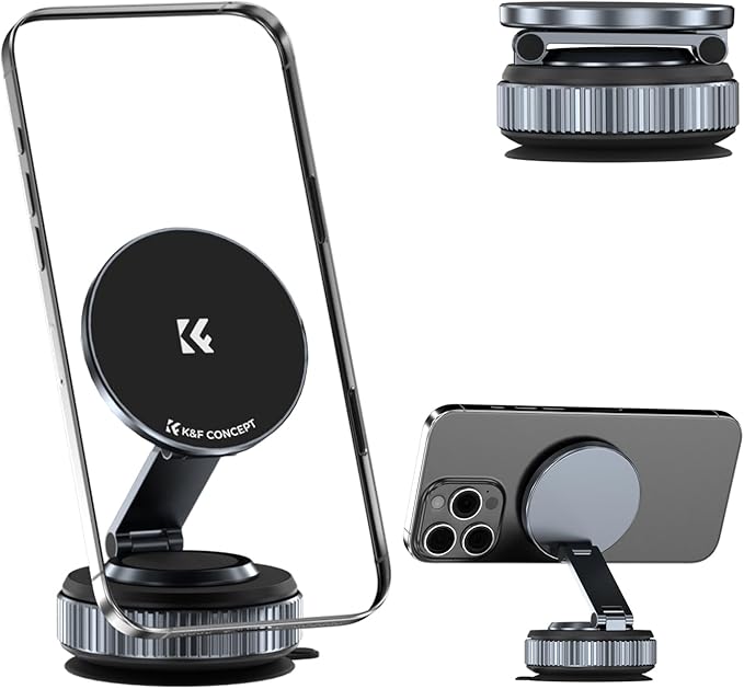 K&F CONCEPT 360° Vacuum Magnetic Car Mount, Foldable & Adjustable Magnetic Phone Holders for Your Car/Gym/Mirror/Smooth Surface, Compatible with iPhone 17 Pro Max 16/15/14/13/12 & Android Phone