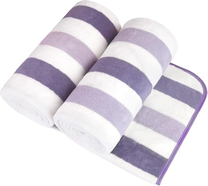 JML Microfiber Bath Towels, Bath Towel 2 Pack 30" x 60", Oversized, Soft, Super Absorbent and Fast Drying, Multipurpose Bathroom Towel Set for Sport, Fitness, Yoga, Coral Fleece Stripe Purple