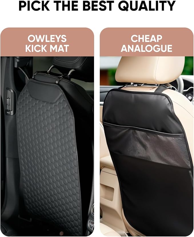 Owleys Kick Mat Back Seat Protector - Car Back Seat Cover for Kids Feet - Waterproof & Sturdy Protector for Upholstery from Dirt, Mud, Scratches and Stain (Black Set)