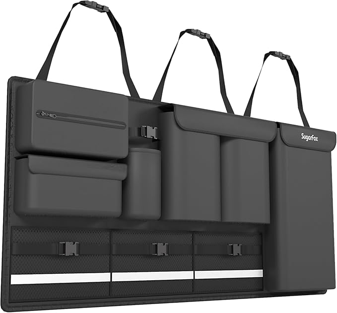Backseat Hanging Trunk Organizer for SUVs, Cars, Trucks & MPVs | Multi-Pocket Storage with Anti-Slip Straps | Space-Saving Auto Accessory | Gift for Drivers | Black, 37.8" x 18.1" - K230