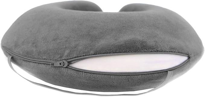TRAVELREST Travel Essential Neck Pillow - Memory Foam, Washable Micro-Fiber Cover, Soft and Comfortable Head Support for Long Flights, Compact, Attaches to Luggage, Airplanes, Cars, Bus - (Grey, Curl)