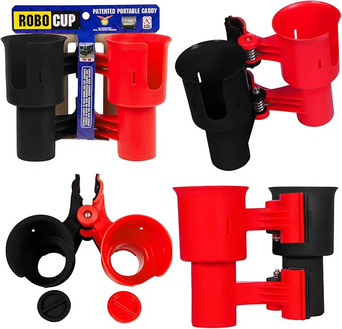 ROBOCUP, Patented Boat Cup Holder, Clamp on Portable Storage Caddy Securely Holds 2 Drinks, Fishing Poles, Tools, Marine Gear | Perfect for Boating, Beach Umbrellas, Golf Carts