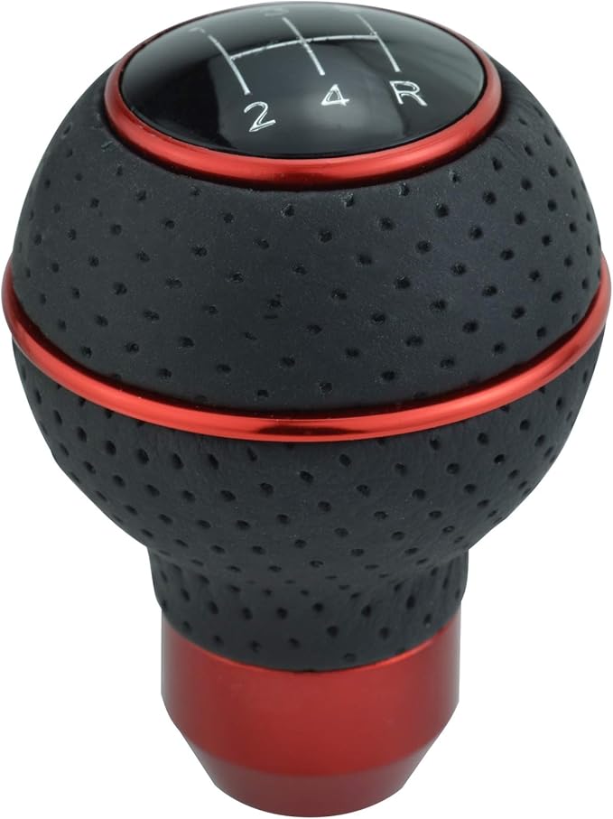 Lunsom 5 Speed Round Shift Knobs, Leather Car Gear Shifter Knob Handle Lever Head Ball Shifting Lever Head Fit for Most Manual Transmission (Black&Red)