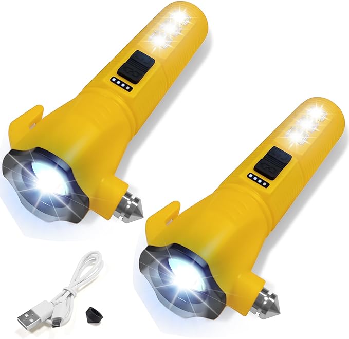Emergency Car Flashlight - 2000 Lumen Dual Light 4-Level Battery Indicator Window Breaker & Seatbelt Cutter USB Rechargeable Ultra-Light 108g Car Emergency Too (2pcs-Dark Yellow)