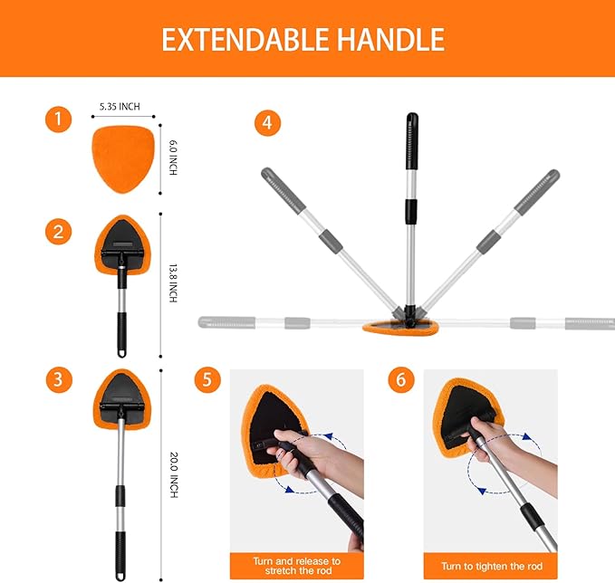 10pcs Windshield Cleaning Tool Inside Car Window Cleaner Wash Kit with 4 Reusable Microfiber Pads 1 Spray Bottle and Extendable Handle Interior Auto Glass Wiper Kit, Orange