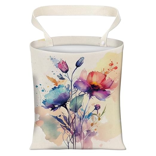 Cute Car Trash Can, Hanging Canvas Car Back Seat Organizer and Storage Bag, Funny Car Trash Bag For Travelling, Outdoor Watercolor Beautiful Flowers