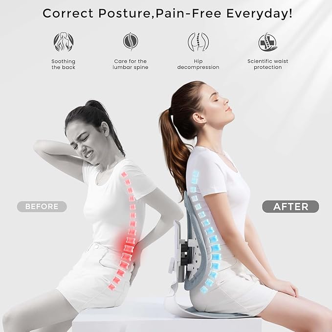 ZZWS Foldable Ergonomic Back Support with Adjustable Inflatable Lumbar Cushion, Posture Corrector for Desk Chairs, Comfortable Lumbar & Seat Cushion for Lower Back Pain Relief