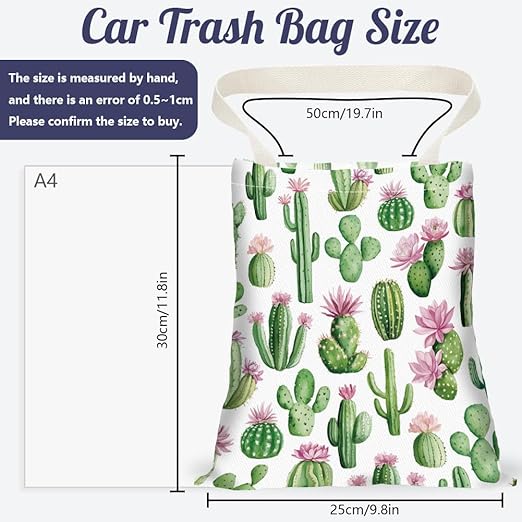 Cactus Print Car Trash Bag Hanging Garbage Bag with Snap Buttons Car-Back Seat Trash Storage Portable Dustbin for Men Women Car Interior Accessories Travel Camping