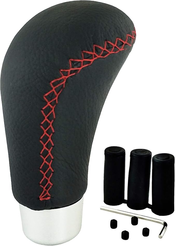 Lunsom Leather Shift Knob, Car Gear Shifter Stick Auto R Style Shift Stick Handle Head Gear Shift Lever Knob for Most Manual Transmission Vehicle (Red Suture)