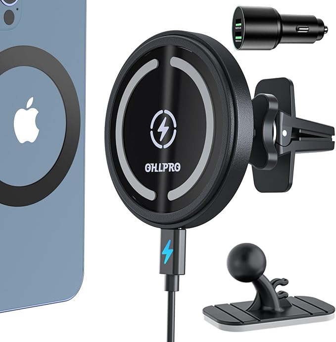 OHLPRO MagSafe Car Mount Charger, 15W QC 3.0 Fast Charging for iPhone 17 ProMax, Pro, Plus, 16, 15, 14, 13, 12 Series, Stick on Car Dashboard & Air Vent Phone Holder