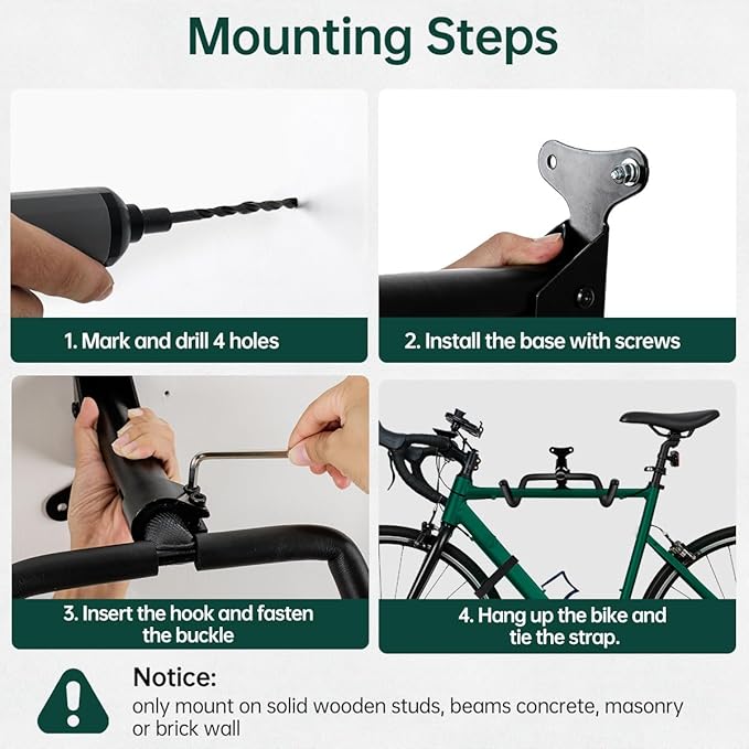 Black Bike Wall Mount Hanger Adjustable Space Saving Horizontal Bicycle Rack for Mountain Road Bikes Solid Home Garage Storage Cycling Holder Hook