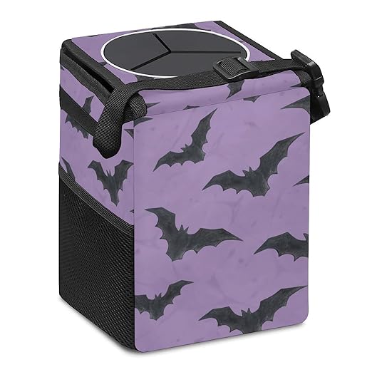 Purple Goth Bat Car Trash Can with Lid - Collapsible Reusable Waterproof Garage Bag,Automotive Garbage Can,Car Accessories Interior Organizer