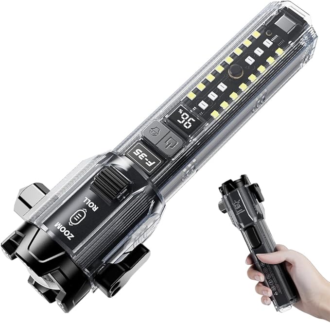 Yemao Car Safety Hammer Flashlight,Tactical Emergency Rescue Tool,Rechargeable LED High Lumens Flashlight,Car Window Glass Breaker and Seatbelt Cutter,Self Defense Multi-Function Torch