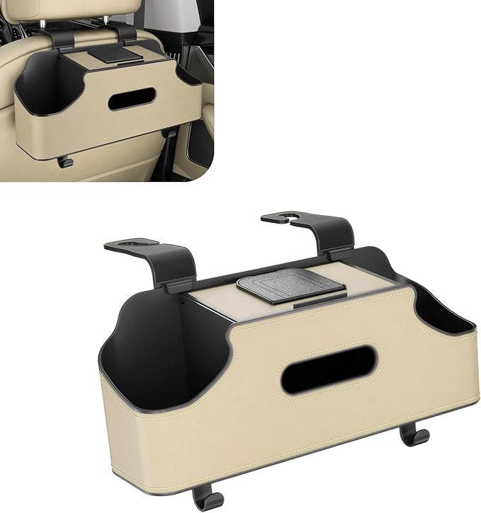 1 PC Car Seat Back Organizer, Car Back Seat Multi-Function Storage Box with 2 Drink Cup Holders, 11.42" x 3.35" Leather Tissue Organizer, Universal for Most Cars, Trucks, SUVs (Beige)