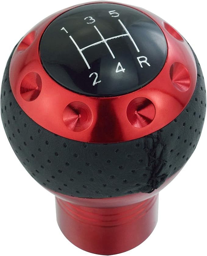 Lunsom 5 Speed Leather Shift Knob, Manual Transmission Handle Ball Gear Stick Shifter Head Fit Most Transmission Vehicle (Red&Black)