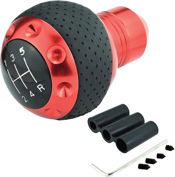Lunsom 5 Speed Leather Shift Knob, Manual Transmission Handle Ball Gear Stick Shifter Head Fit Most Transmission Vehicle (Red&Black)