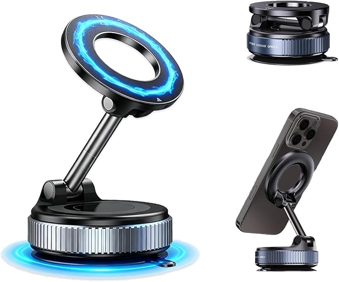 Strong Magnetic Car Phone Holder for MagSafe with Vacuum Suction Cup, Foldable and Retractable, 360° Rotation Phone Mount for iPhone 12 13 14 15 16 17 and Android Smartphones, Black