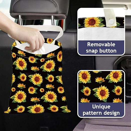 Sunflower Print Car Trash Bag Hanging Garbage Bag with Snap Buttons Car-Back Seat Trash Storage Portable Dustbin for Car Interior Accessories Travel Camping