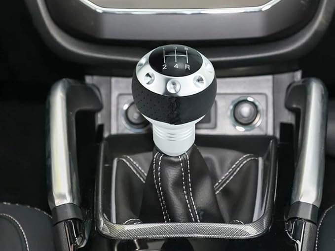 Lunsom 5 Speed Leather Shift Knob, Manual Transmission Handle Ball Gear Stick Shifter Head Fit Most Transmission Vehicle (Silver&Black)