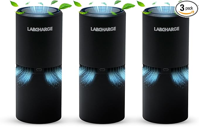 Lab Charge Small Ionic Air Purifier for Home & Bedroom – Silent HEPA Filter – Covers 250 Sq Ft - Free Cleaner for Pets, Hair, Smoke, Dust, Odors & Dander – Compact & Black Design - Pack of 3