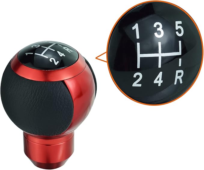 Lunsom 5 Speed Shifter Head Knob Leather Ball Gear Shift Stick Lever Handle Fit Most Manual Transmission Car (Red)