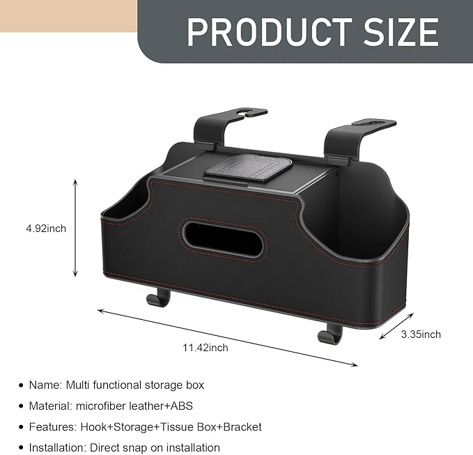 1 PC Car Seat Back Organizer, Car Back Seat Multi-Function Storage Box with 2 Drink Cup Holders, 11.42" x 3.35" Leather Tissue Organizer, Universal for Most Cars, Trucks, SUVs (Black)