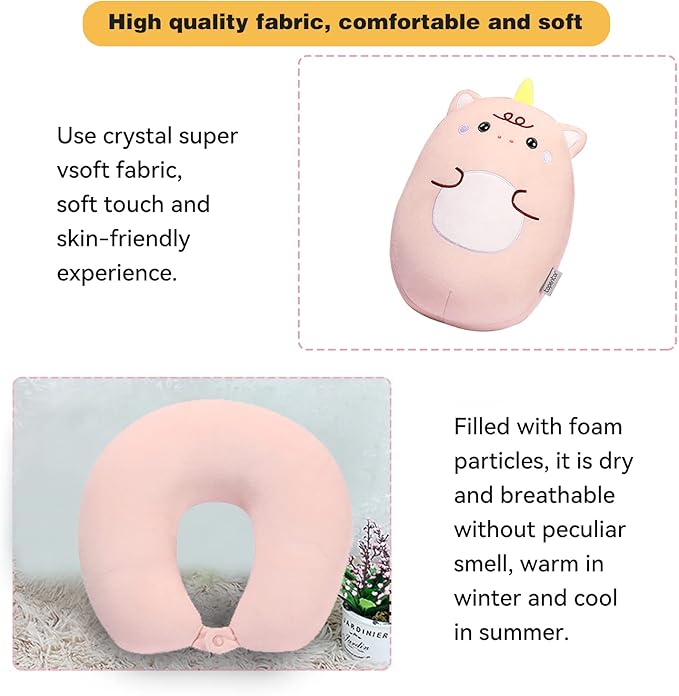 Kids Travel Pillow - 2-in-1 Deformable Kids Neck Pillow for Traveling, Soft U-Shaped Pillow with Adorable Animal Design, Comfy Sleep and Play, Ideal for Airplanes and Cars - Pink Unicorn