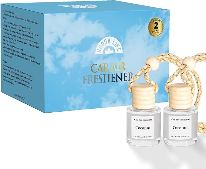 HoogaLife Car Air Freshener Diffuser 2 Pack Hanging Air Freshener Diffuser - Coconut Fragrance Oil Air D iffuser for Car, 45+ Days Long Lasting Fragrance Made in USA (C16)