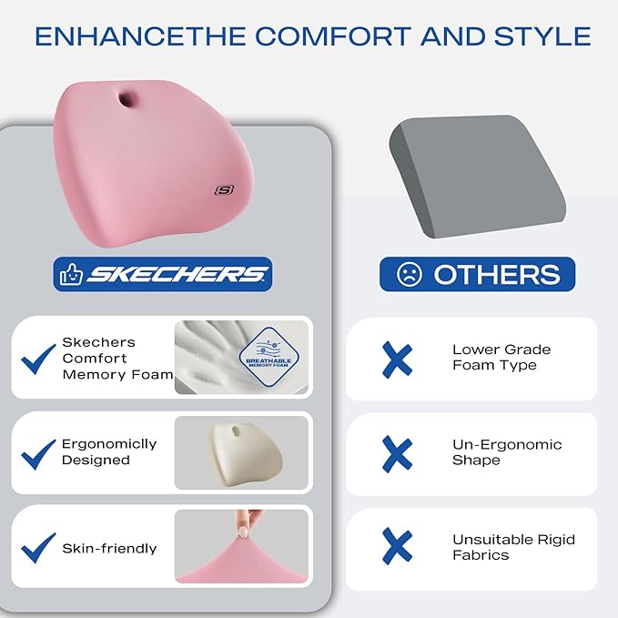 Skechers Lumbar Support Pillow for Office Chair,Memory Foam Lumbar Pillow,Lower Back Pain Relief Lumbar Pillow,Ergonomic Design Back Support Pillow for Office Chair,Car,Home,Travel,Pink