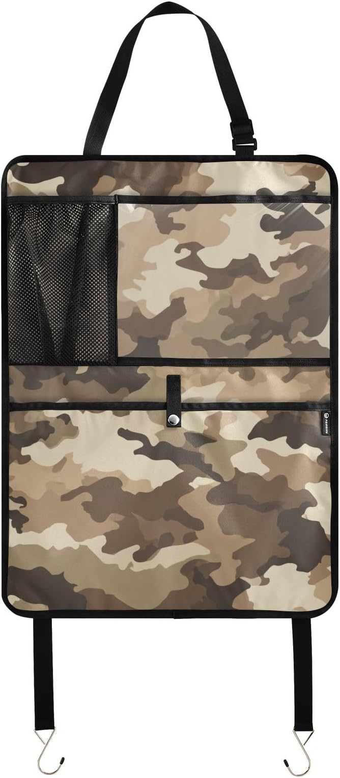 1 Pack Back Seat Car Organizer with Storage Pockets Kick Mats Back Seat Protector Hanging Car Organizer Automotive Seat Back Cover Organizers Brown Military Camouflage