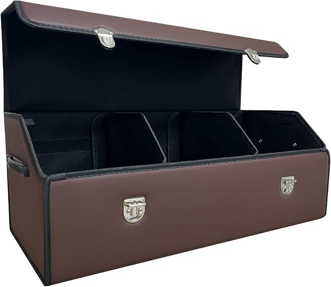 Trunk Organizer for Car With Lid,Foldable Trunk Organizer for SUVs & Sedans,Multi-Functional Leather Storage Box- Brown - Large