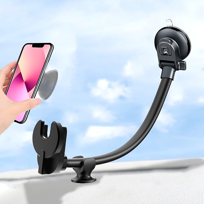 Car Phone Mount for Collapsible Grip/Socket Mount User,Windshield/Dashboard/Vent Phone Holder with Strong Suction Cup,13-Inches Long Arm Gooseneck Cell Phone Cradle for Swappable Grip Stand
