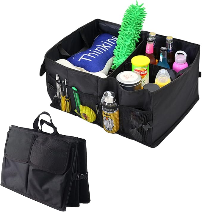 Trunk Organizer, Storage Box - 52L Large Capacity Collapsible Multi Compartments Organizer, Portable Storage Box for Most Cars/SUV, Waterproof Oxford Fabric, Black