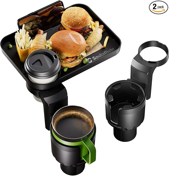 Car Cup Holder Expander 2 Pack with Large Size Detachable Food Tray, Car Drink Holder Adapter with Solid Base - Fits Yeti, Hydro Flask, 32/40 oz, Road Trip Essential Car Travel Accessories
