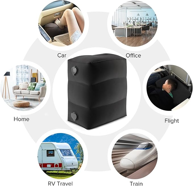 Maliton Inflatable Foot Rest Pillow, Airplane Travel Bed for Toddler, Car Seat Foot Rest for Kids, Adjustable Height Leg Rest Pillow for Airplane, Home, Office(Black, 2 Pack)