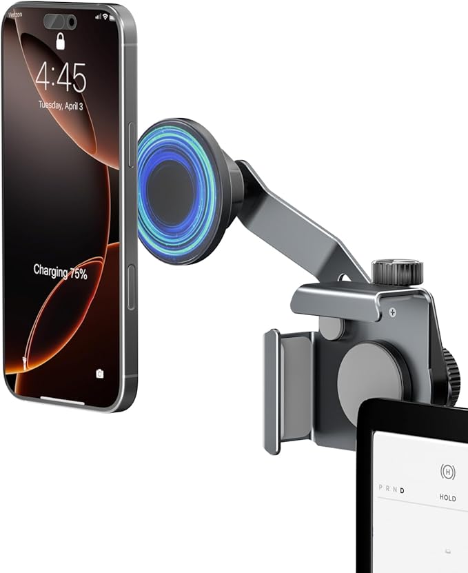 CloudValley Upgrade Phone Mount Car Holder for Tesla Model 3/ Y/Cybertruck, 【Extendable Metal Holder】 Magnetic Model Y Juniper Stand, Compatible with iPhone MagSafe 17/16/15/14/13/12,Gray